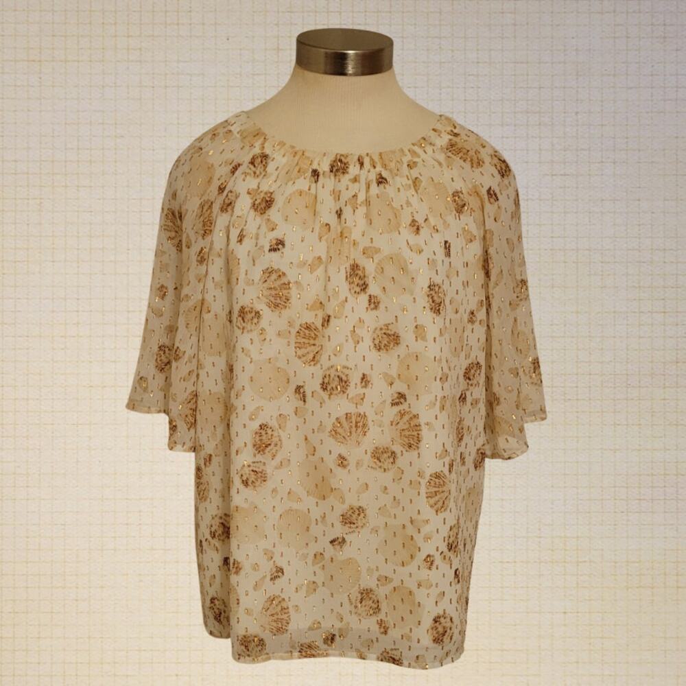 Seashell Print Chiffon Blouse Gold Etched Loft XL Sheer Boho Peasant Top
